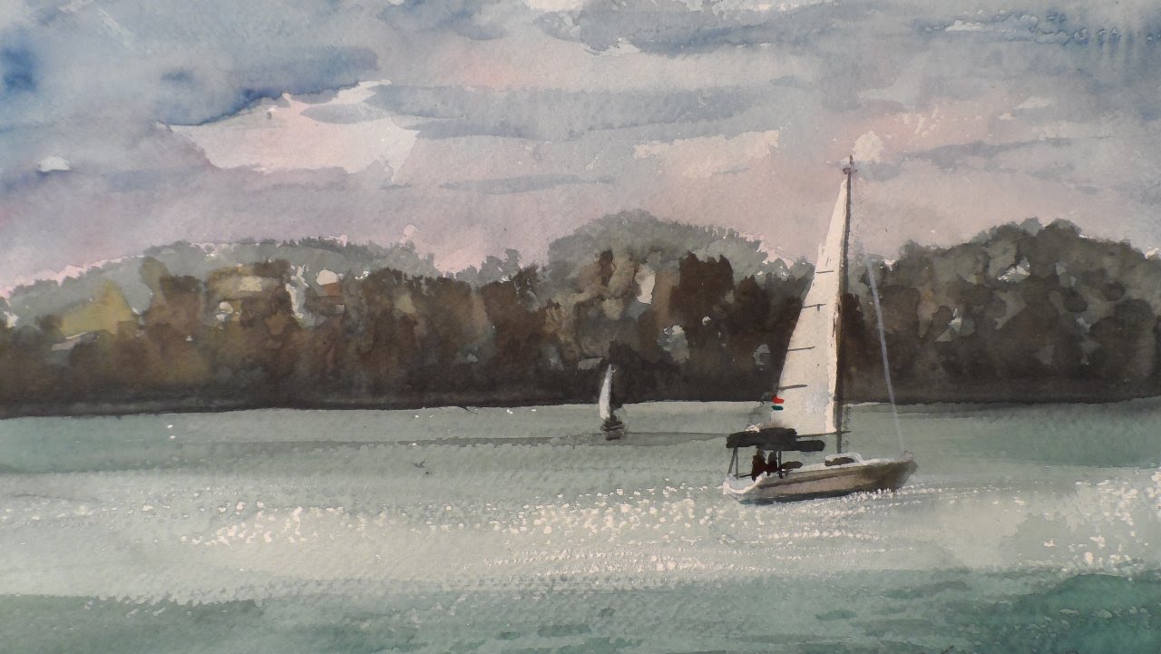 1280x721 Sailboats On Balaton Lake, Watercolour Painting