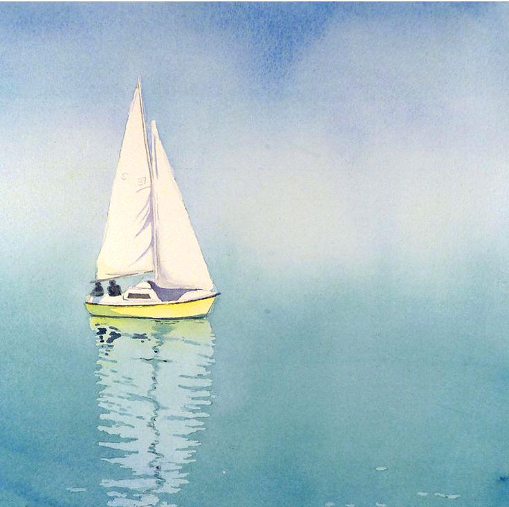 736x734 Blue And Yellow Sail Boat Art Watercolor Painting Print Sailboat
