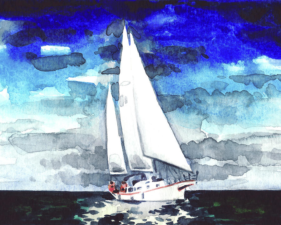 900x720 Sailboat White Watercolor Painting Windy Americana Yacht Sailing