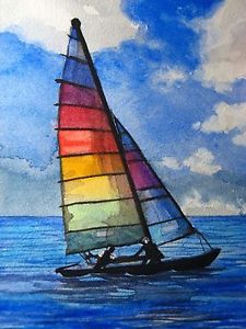 225x300 Watercolor Painting Ocean Sailboat Rainbow Sail Sport Aceo Art