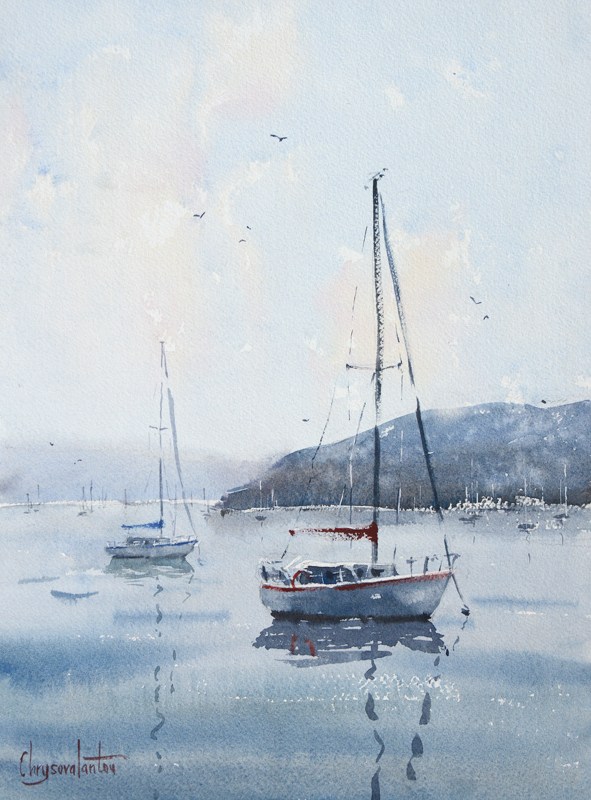 591x800 Boats And Sea Chrysovalantou Mavroudis Watercolour Artist