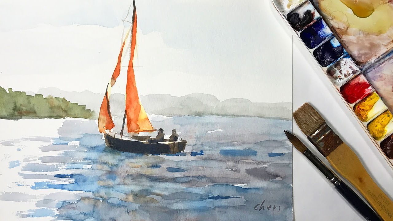 1280x720 How To Watercolor Painting A Sailboat Without Pencil Drawing