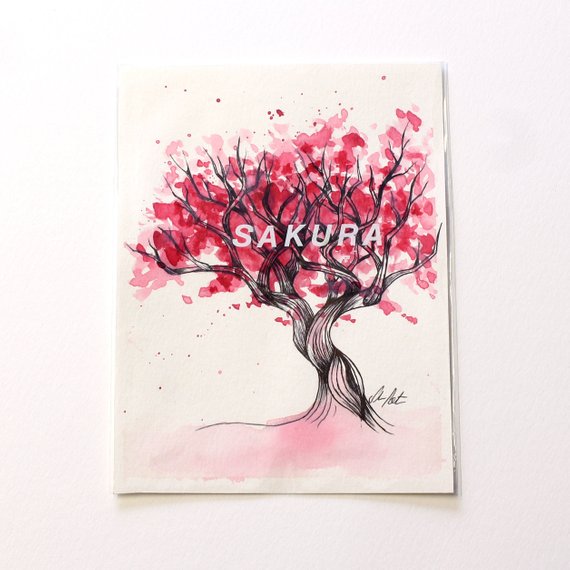 570x570 Pink Sakura Tree Original Watercolor Illustration. Japanese Etsy