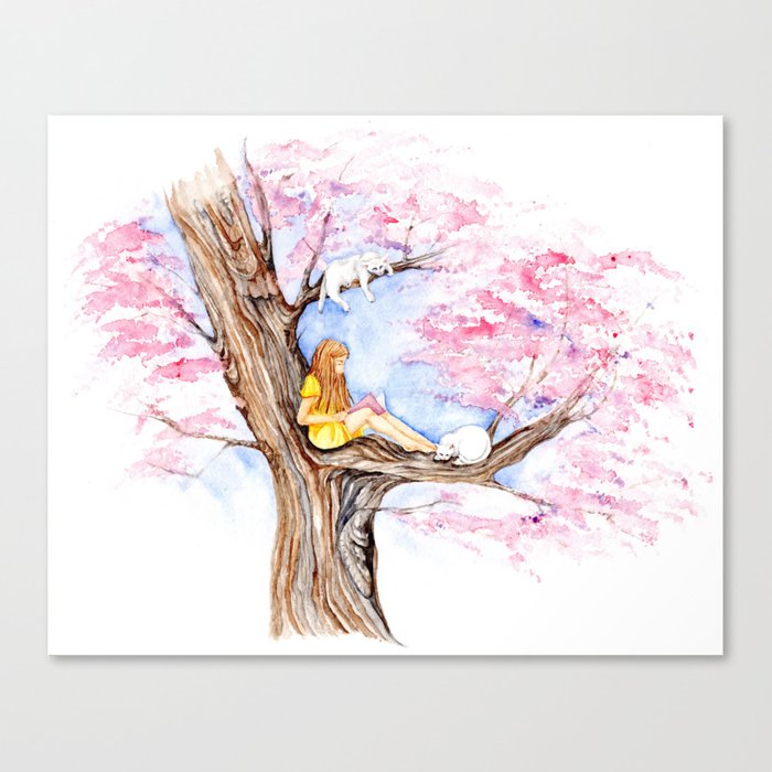 700x700 Reading Book Under Sakura Tree Canvas Print By Evgeniya Society6