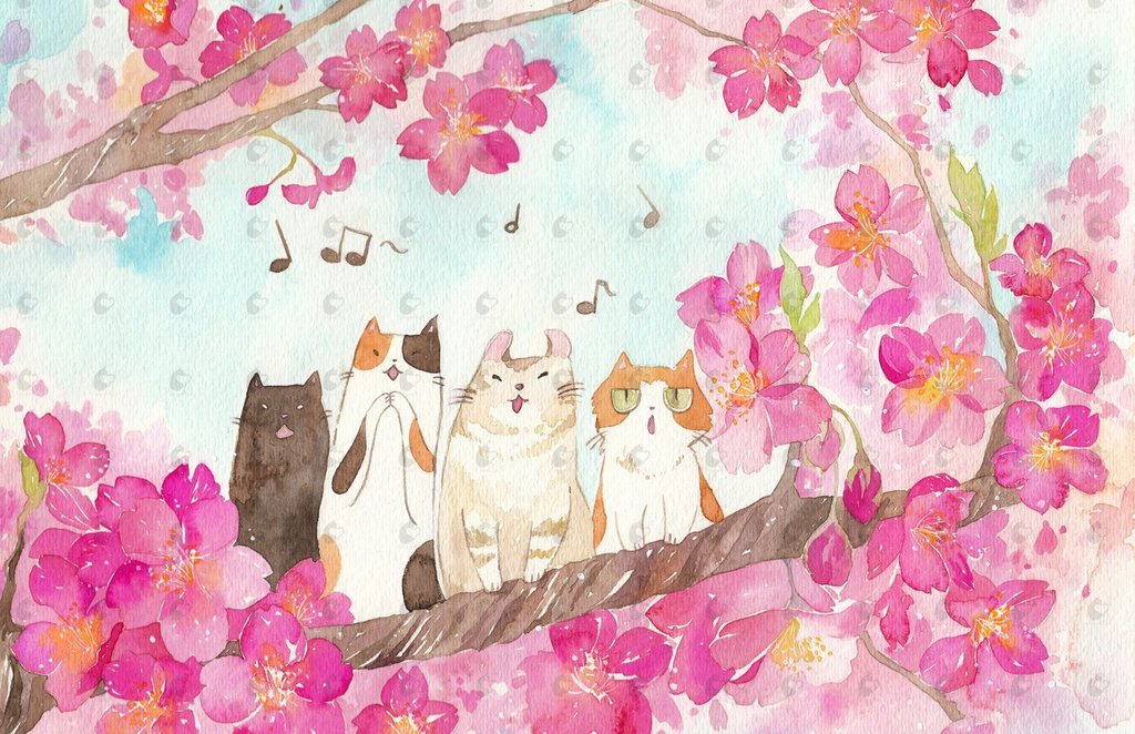 1024x662 Watercolor Sakura La Cat Ensemble 13x19 Art Print Penelopeloveprints