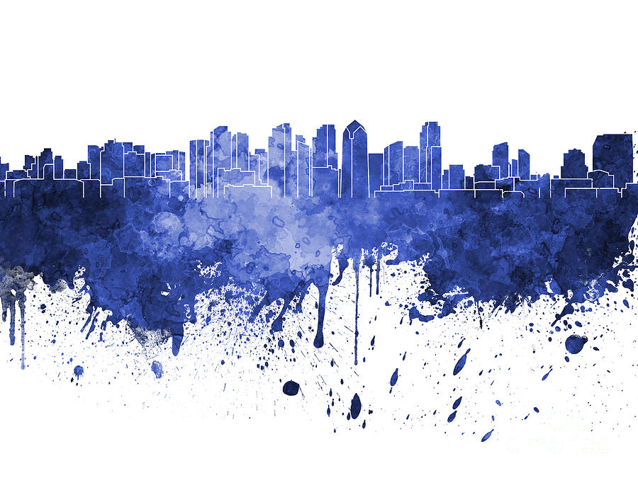 900x675 San Diego Skyline In Blue Watercolor On White Background Painting