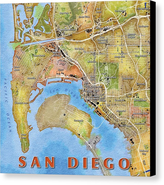 651x734 San Diego Watercolor Map Canvas Print Canvas Art By Paul Hein