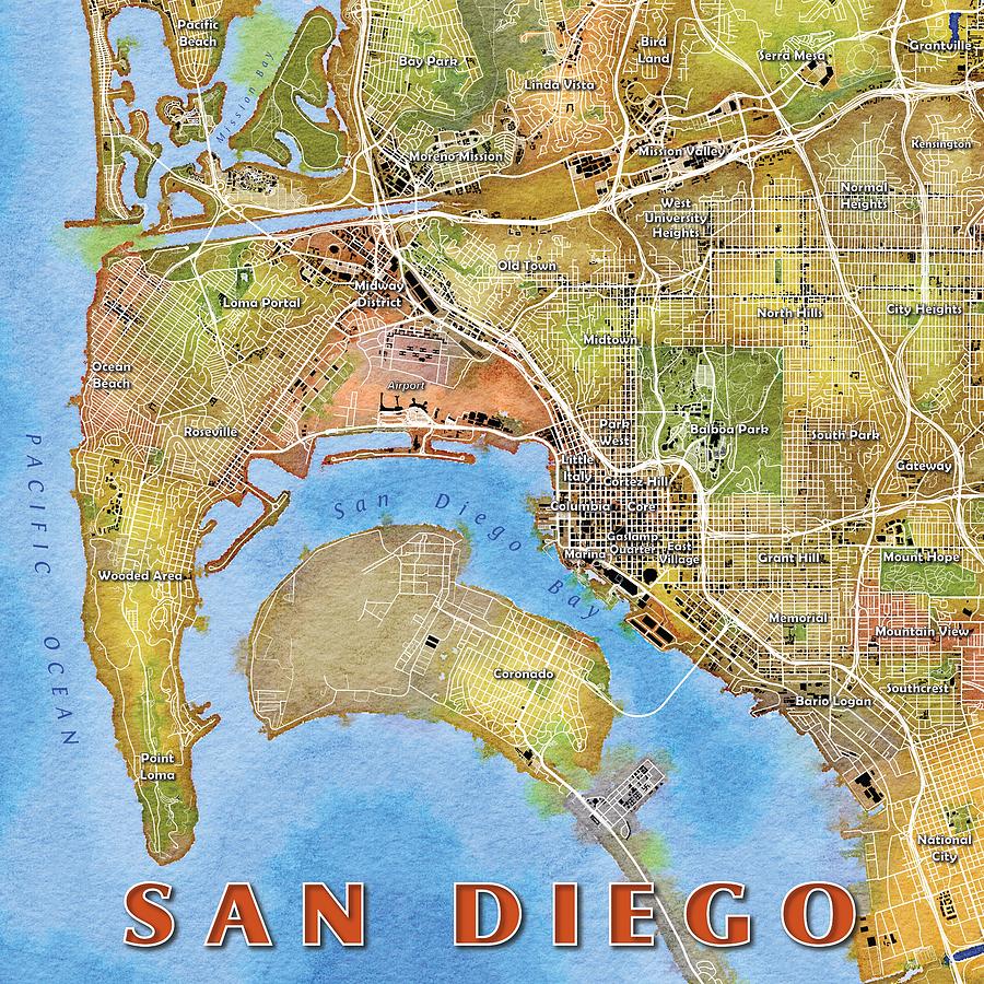 900x900 San Diego Watercolor Map Digital Art By Paul Hein