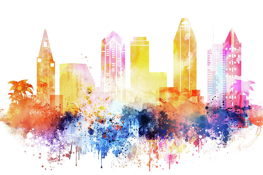 900x600 San Diego Watercolor Skyline Painting By Dim Dom