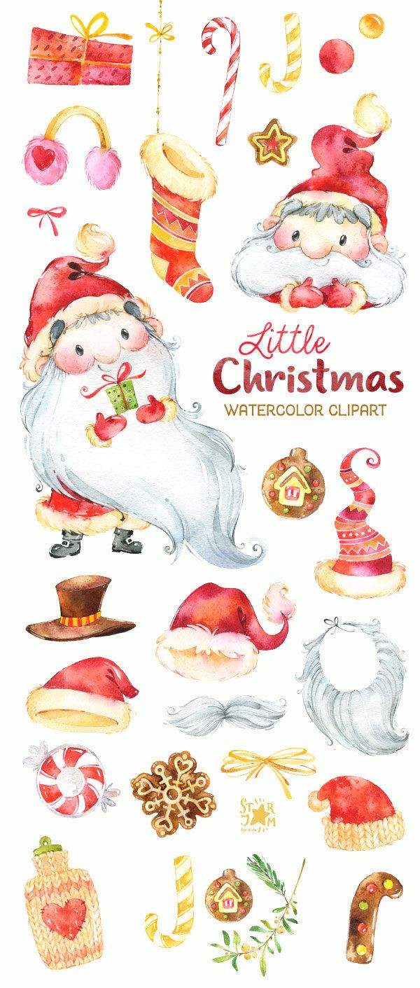 600x1411 Little Christmas. Watercolor Clipart, Santa Claus, Winter, Cute