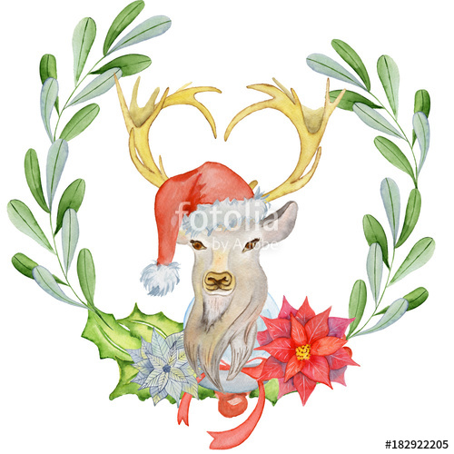 500x500 Christmas Deer In Santa Hat Watercolor Illustration With Floral