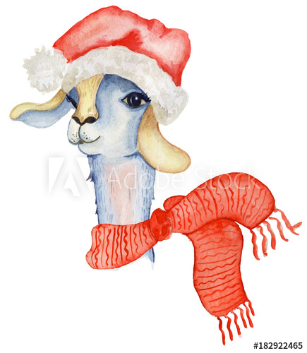 435x500 Christmas Lama Illustration With Santa Hat And Scarf Winter