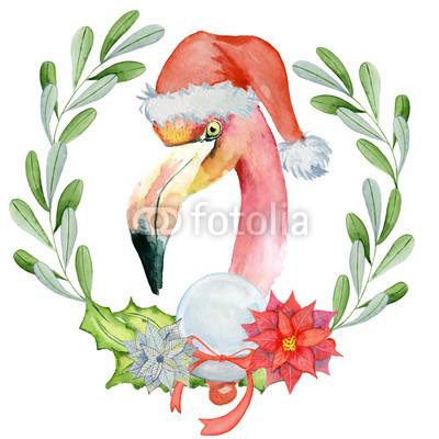400x400 Christmas Pink Flamingo In Santa Hat Watercolor Illustration Buy