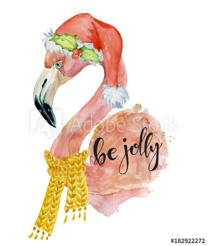 423x500 Christmas Pink Flamingo With Winter Decorations, Santa Hat, Yellow