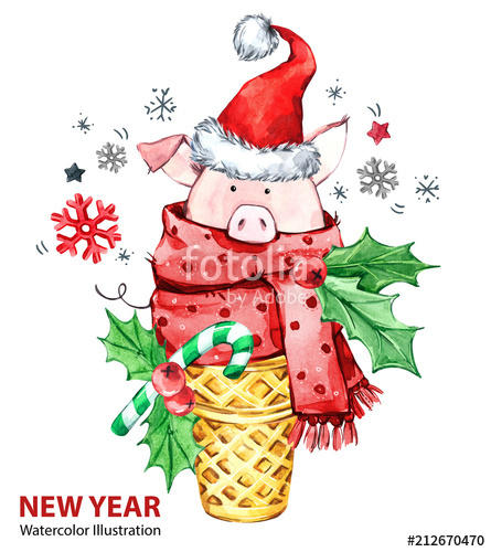 445x500 2019 Happy New Year Illustration. Christmas. Cute Pig With Santa