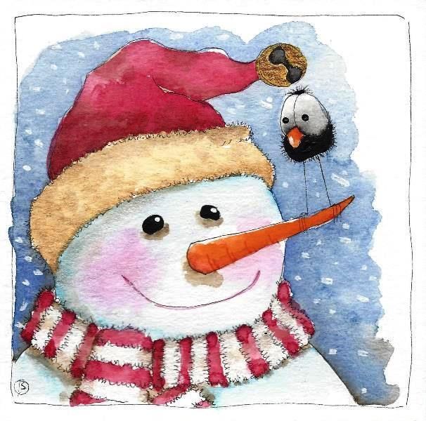 606x600 Original Watercolor Painting Whimsical Glitter Snowman Bird Santa