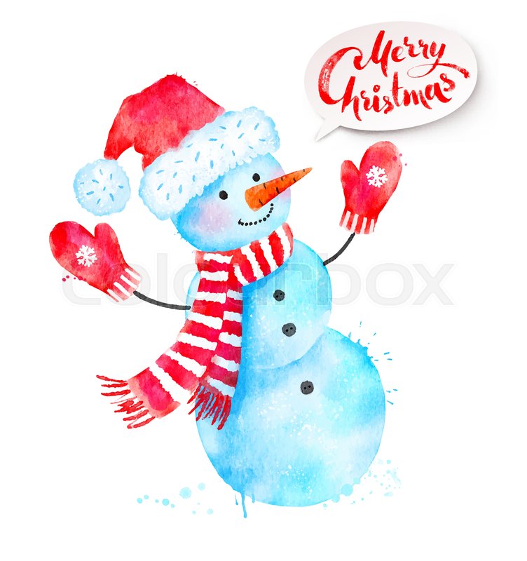752x800 Vector Christmas Watercolor Illustration Of Snowman Wearing Santa