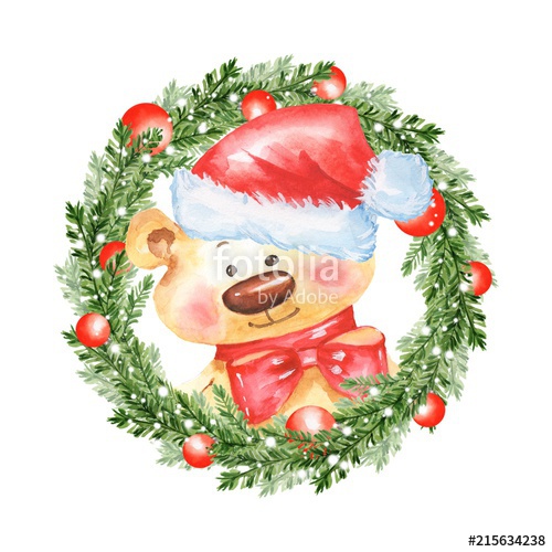 500x500 Watercolor Illustration. Christmas Fir Tree Wreath And Teddy Bear