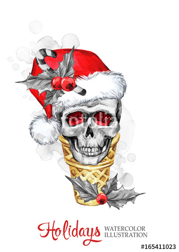 357x500 Watercolor Illustration. Hand Painted Waffle Cone With Skull In