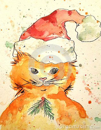 350x450 Cat In A Santa Hat Illustration Watercolors, Cats