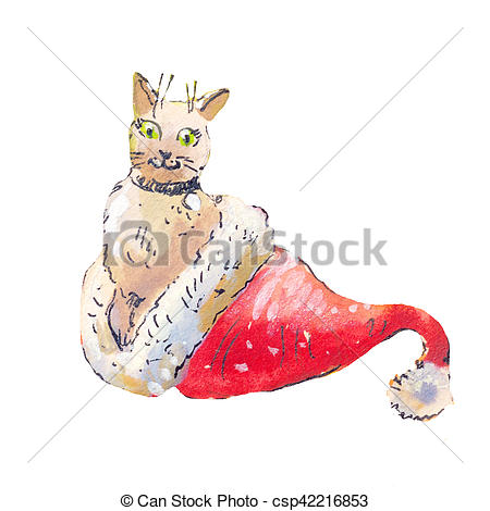 450x470 Cat In A Santa Claus Hat. Watercolor Illustraton Isolated On White