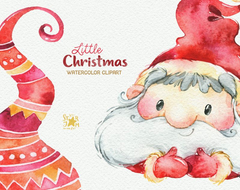 800x635 Little Christmas. Watercolor Clipart, Santa Claus, Winter, Cute
