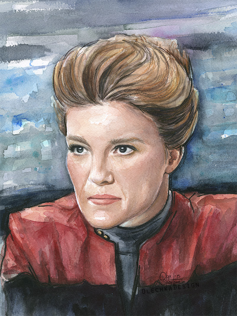 800x1067 Janeway Voyager Portrait Watercolor Star Trek Art