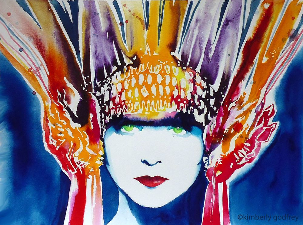 1000x741 Original Watercolour Metropolis1920s Headdress Glamour Sci Fi Art