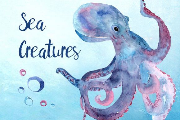 580x387 Watercolor Sea Creatures Clipart Set