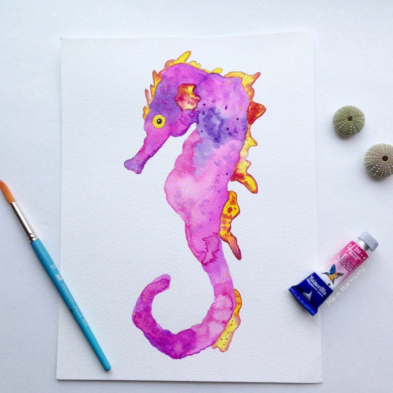 800x800 Original Seahorse Watercolor Shannon Sea Dragon In Pinksoranges