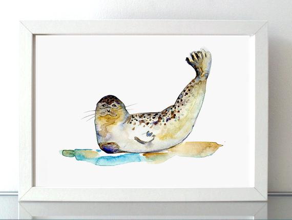 570x429 Seal Art Seal Watercolor Painting Giclee Print Yellow Etsy
