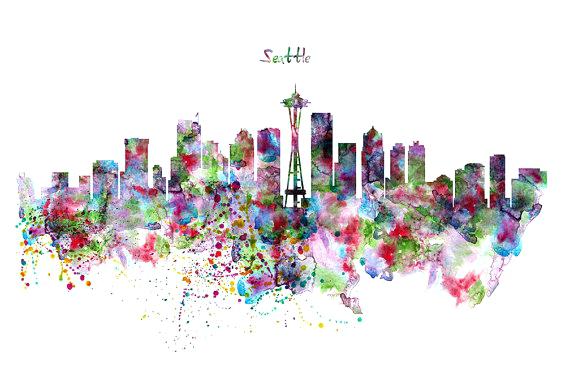 570x369 Seattle Skyline Art Silhouette Watercolor Painting City Poster
