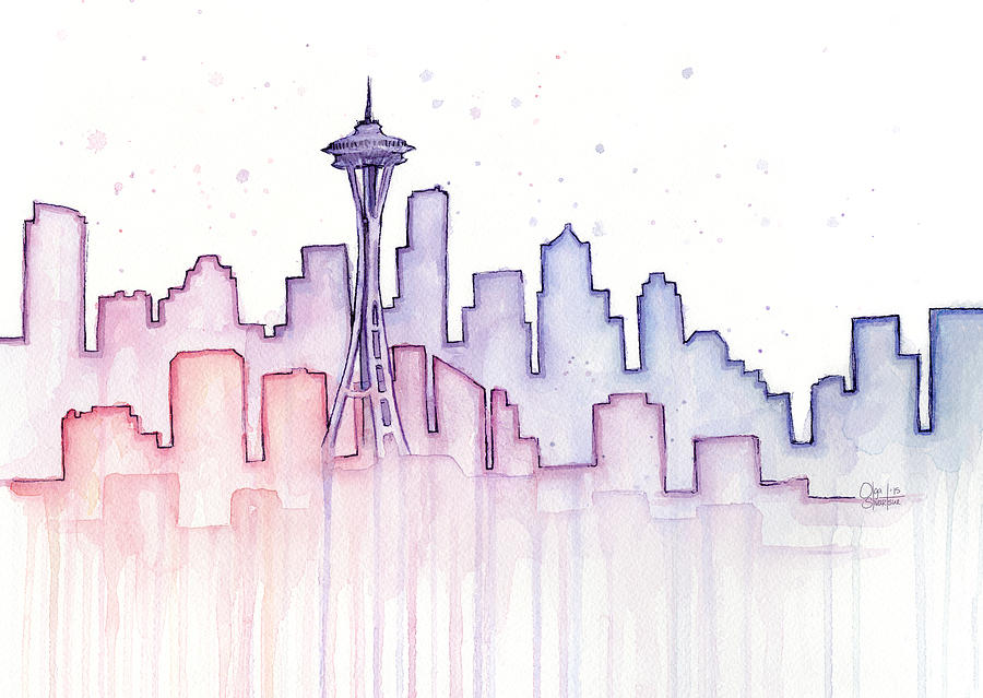 900x639 Seattle Skyline Watercolor Painting By Olga Shvartsur