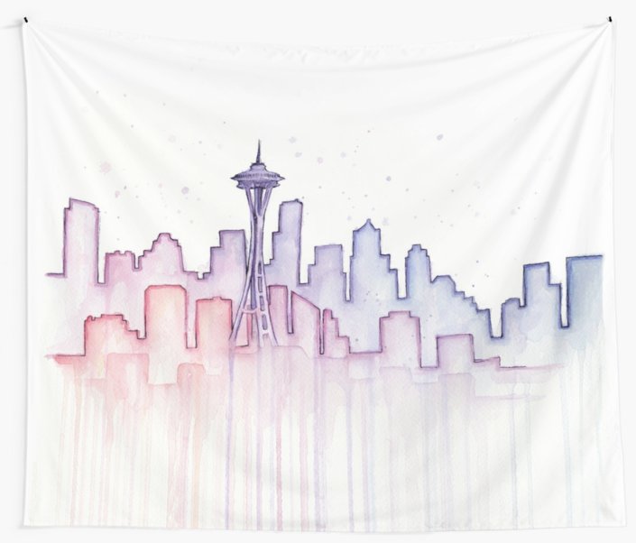 705x602 Seattle Skyline Watercolor Silhouette Wall Tapestries By Olga
