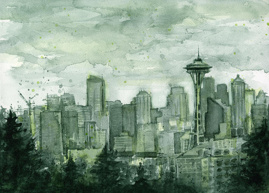 900x646 Seattle Skyline Watercolor Space Needle Painting By Olga Shvartsur