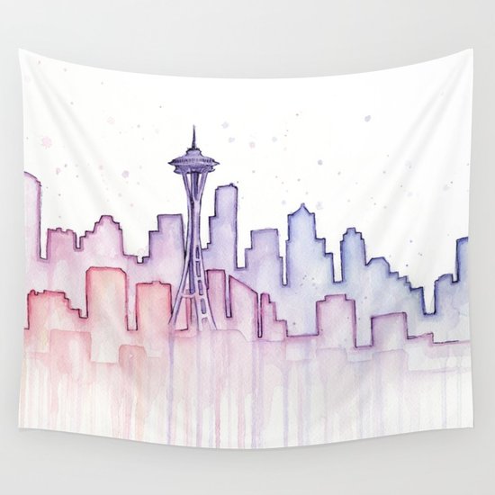 550x550 Seattle Skyline Watercolor Wall Tapestry By Olechka Society6