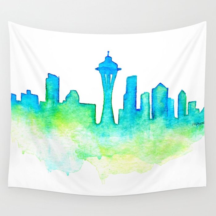 700x700 Seattle Skyline Watercolor In Blue And Green Wall Tapestry By