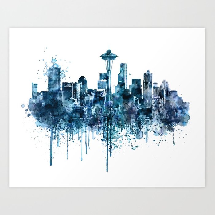 700x700 Seattle Skyline Monochrome Watercolor Art Print By Marianvoicu