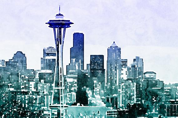 570x380 Instant Download Seattle Skyline Watercolor Painting Blue And Etsy