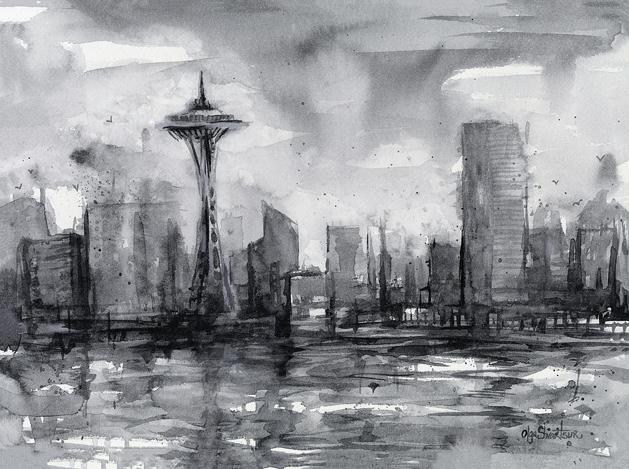 900x671 Seattle Skyline Painting Watercolor Painting By Olga Shvartsur