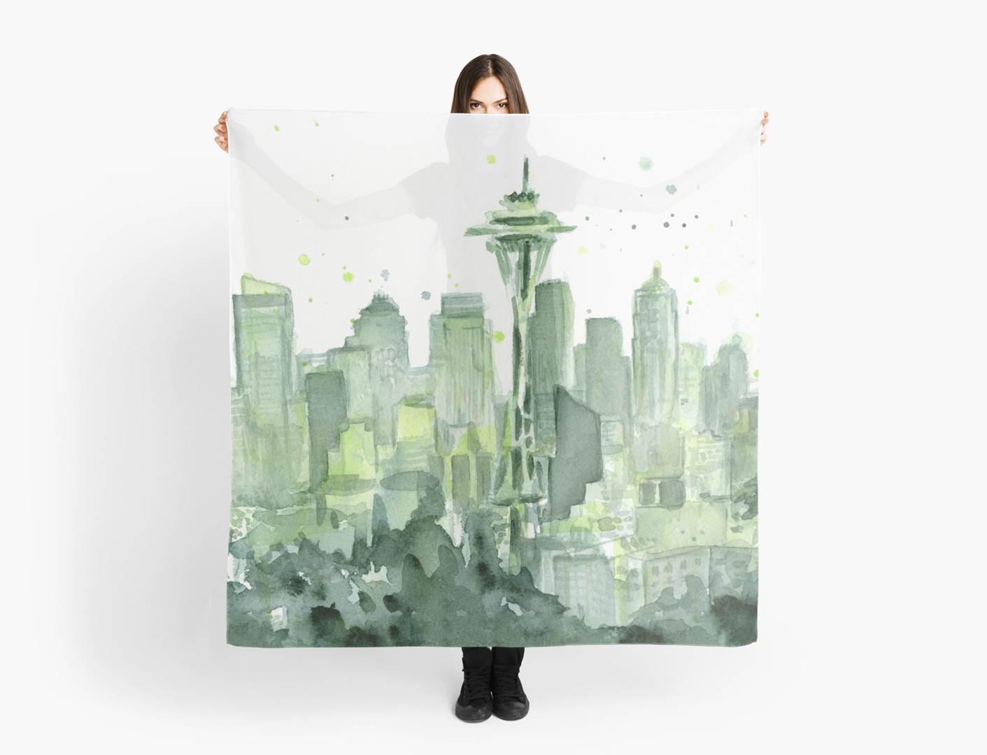1411x1080 Seattle Watercolor Space Needle Skyline Scarves By Olga Shvartsur