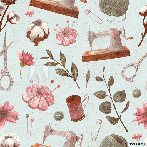 500x500 Seamless Vintage Pattern With Sewing Items And Floral Elements