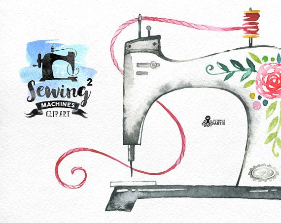 570x453 Sewing Machines 2 Watercolor Clipart. 8 Hand Painted Images, Black