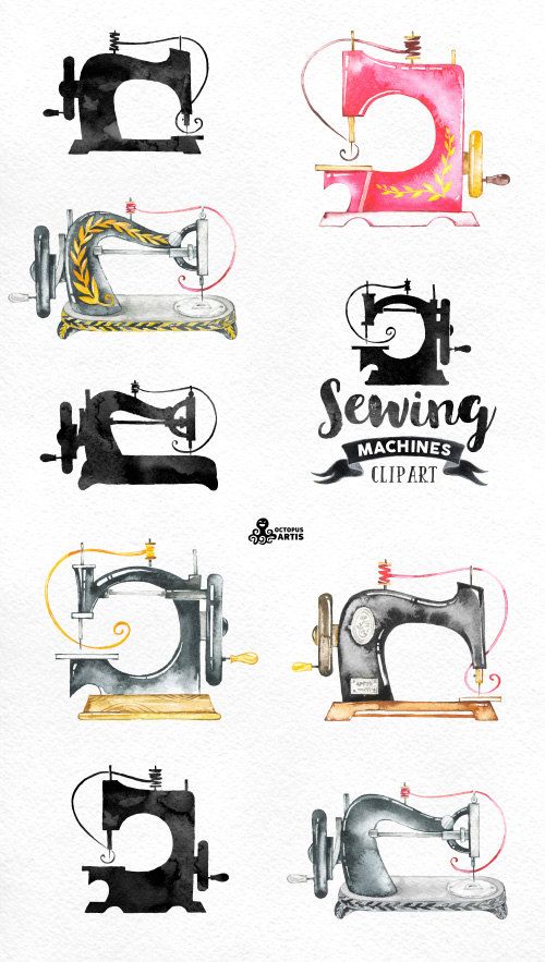 500x883 Sewing Machines Watercolor Clipart. 9 Hand Painted Images, Black