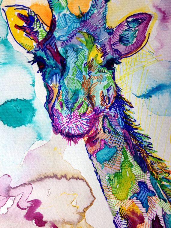 570x760 Giraffe Colorful Sharpie Pen And Watercolor Original Painting