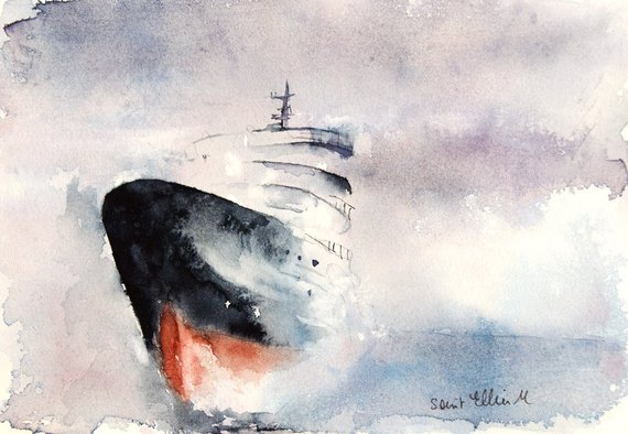 570x394 Original Watercolor Painting Of A Boat In The Fog On The Sea Etsy