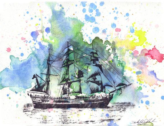 570x438 Sail Boat Ship Watercolor Painting