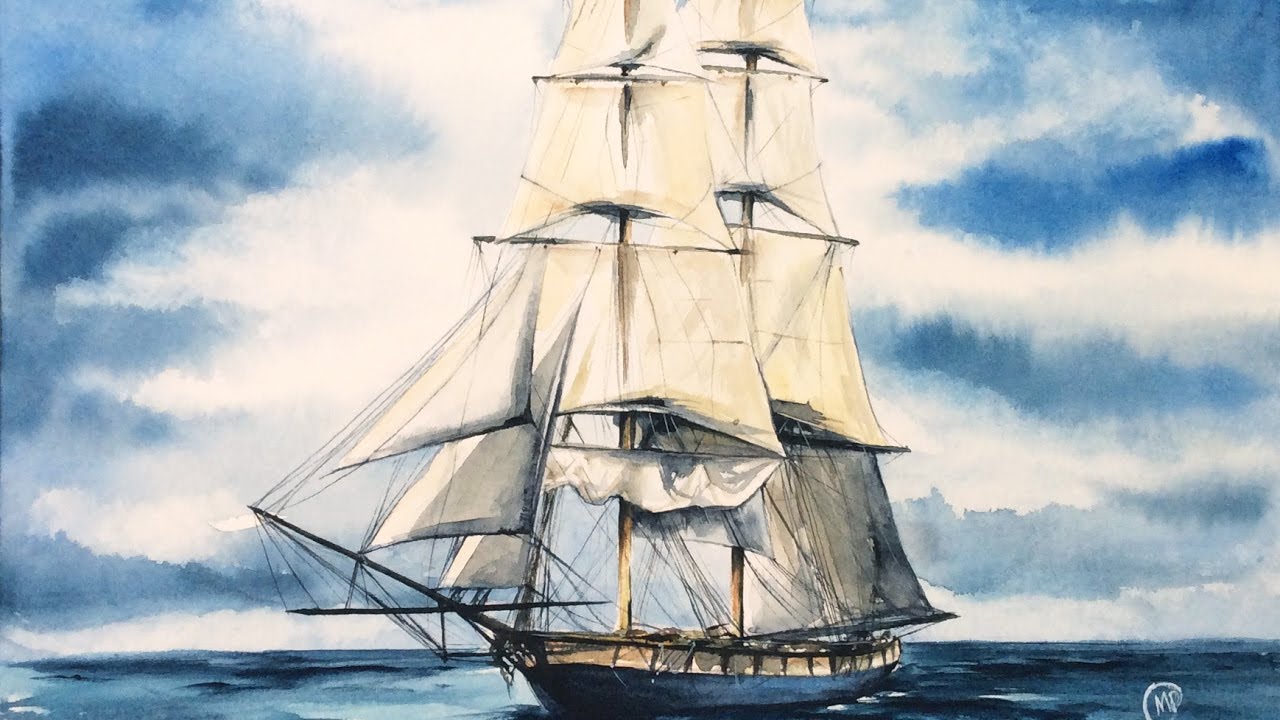 1280x720 Watercolor Tall Ship In The Ocean Painting Demonstration