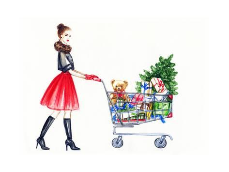 473x355 Watercolor Illustration Of Lady With Shopping Cart Prints By Anna