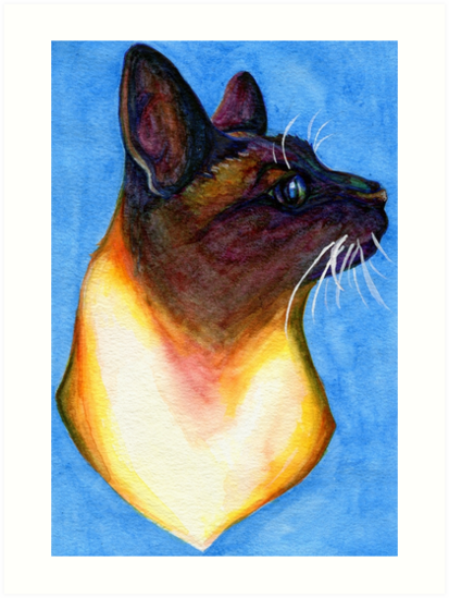 413x549 Siamese Cat On Blue Watercolor Painting Pet Portrait Art Prints